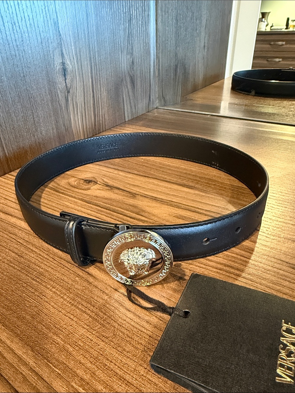 Versace Black Leather Belt with Gold Medusa Buckle